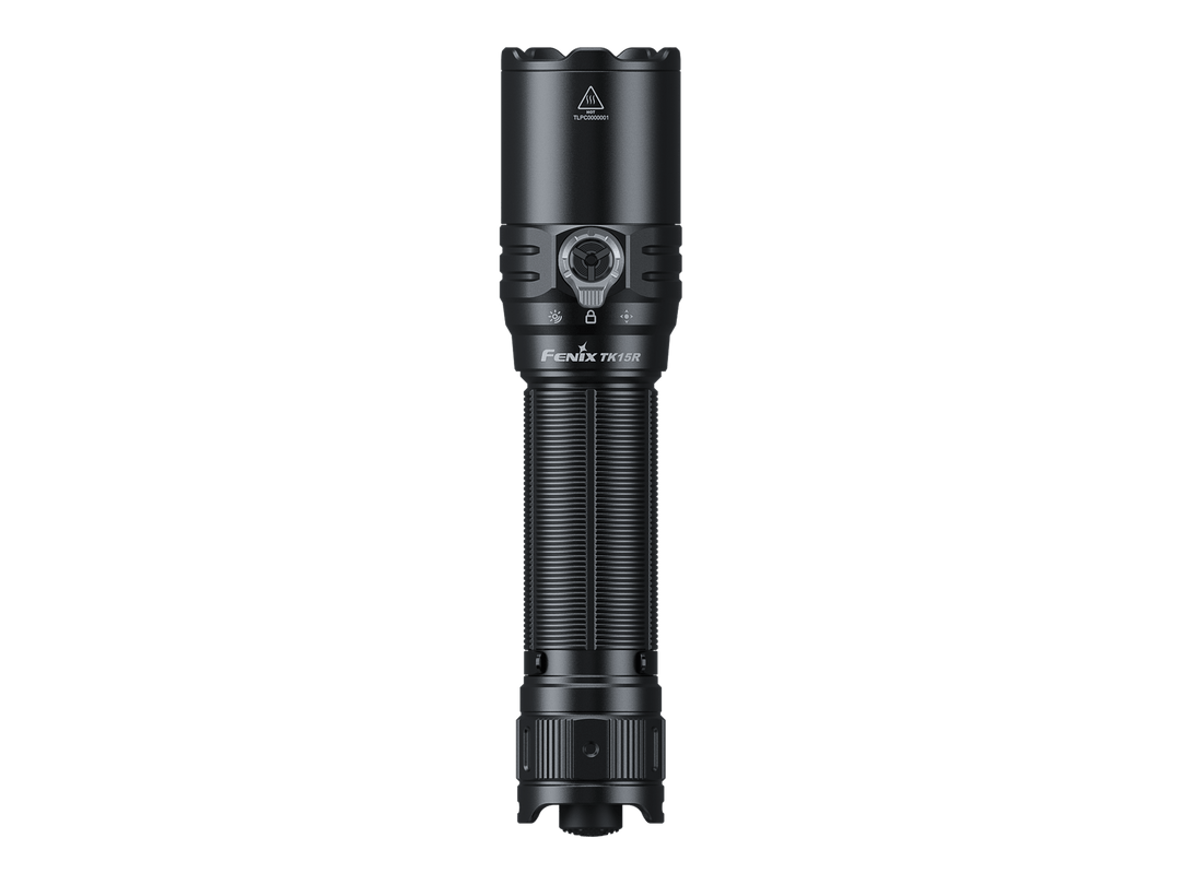 Black Fenix TK15R adaptive flashlight with brand logo on a white background