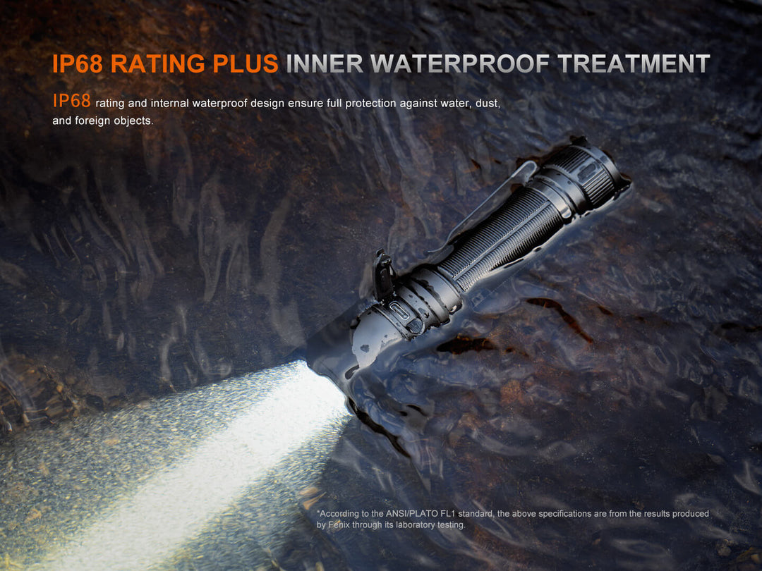 Fenix TK15R adaptive flashlight with IP68 rating feature submerged in water, highlighting waterproof treatment.