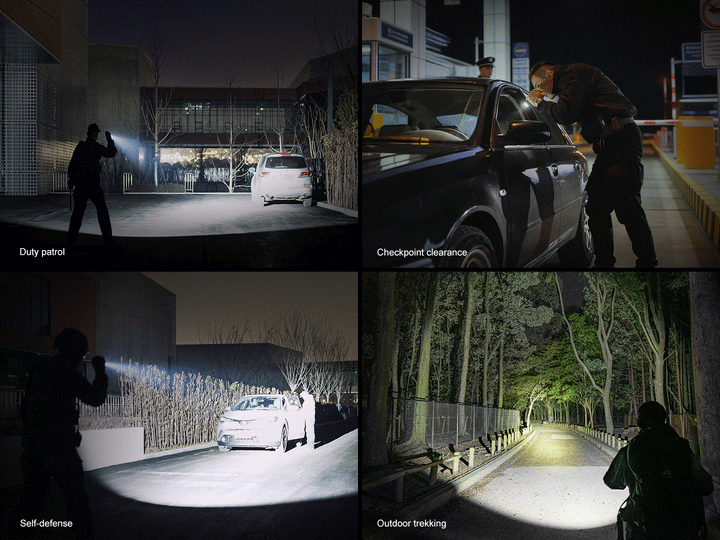 A GIF showing several uses of the Fenix TK15R adaptive flashlight 