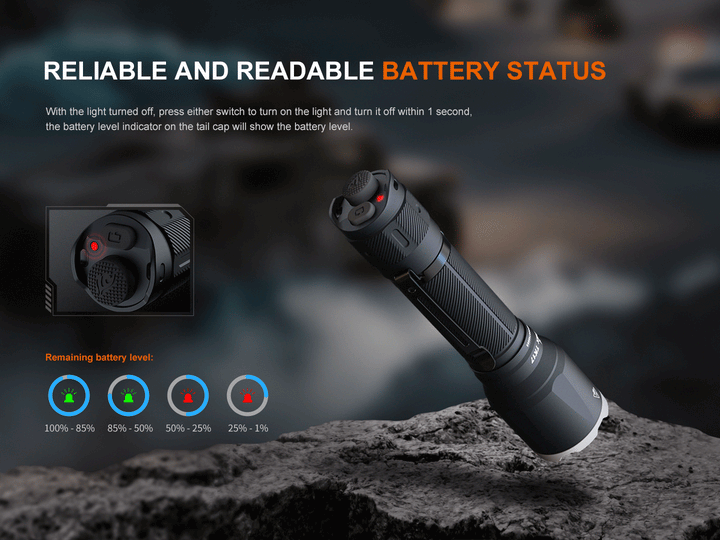 A GIF showing the battery level indicator of the Fenix TK17 Tactical Flashlight 