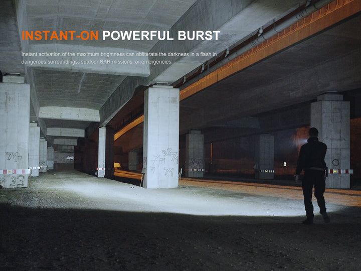 Fenix TK17 Tactical Flashlight used by a security guard in a parking garage