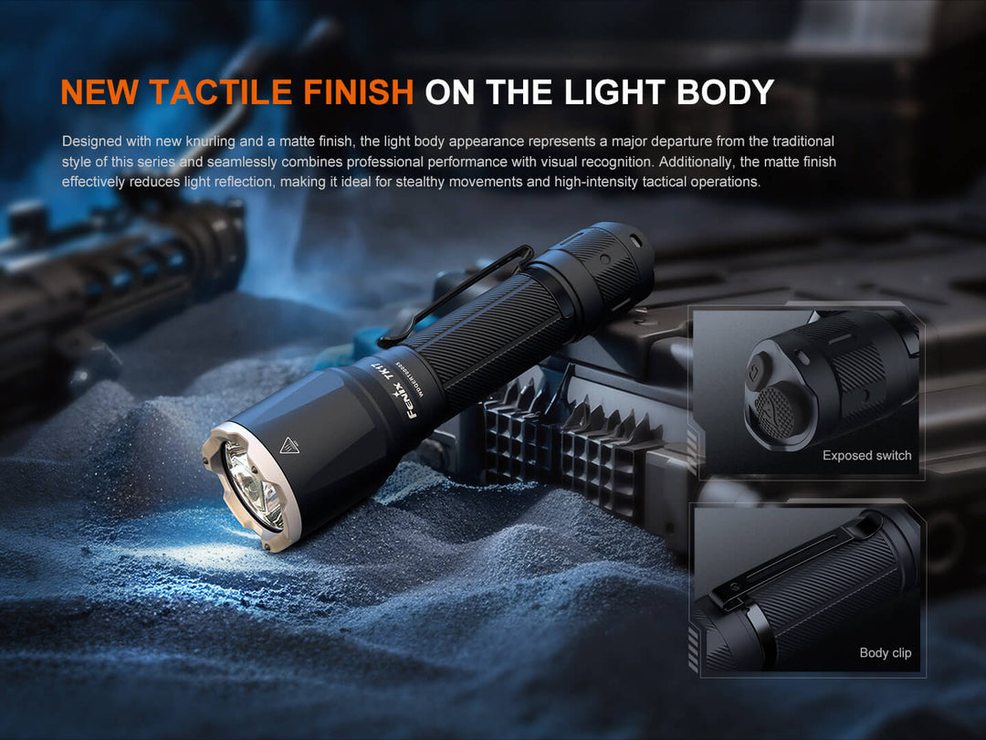 Several photos showing the details of the Fenix TK17 Tactical Flashlight body