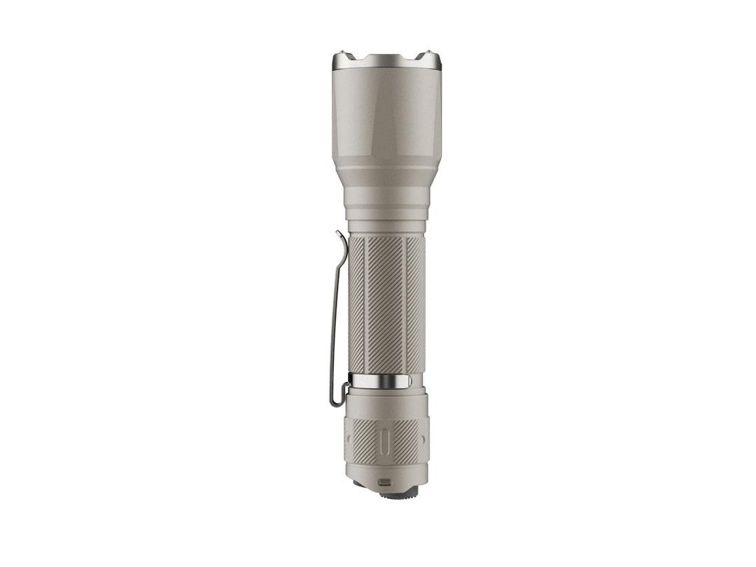 Fenix TK17 Tactical Flashlight in khaki color as viewed from below