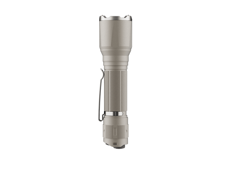 Fenix TK17 Tactical Flashlight in khaki color as viewed from below