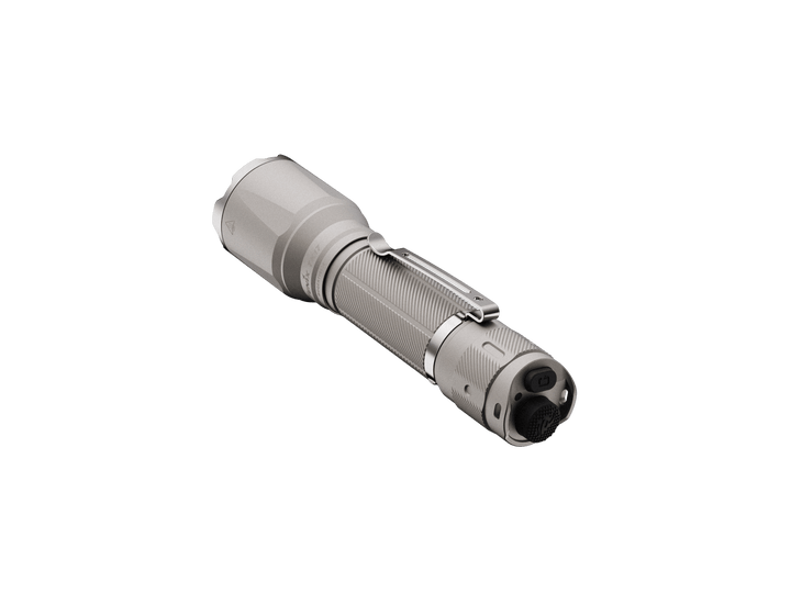 Fenix TK17 Tactical Flashlight in khaki color as viewed from the rear