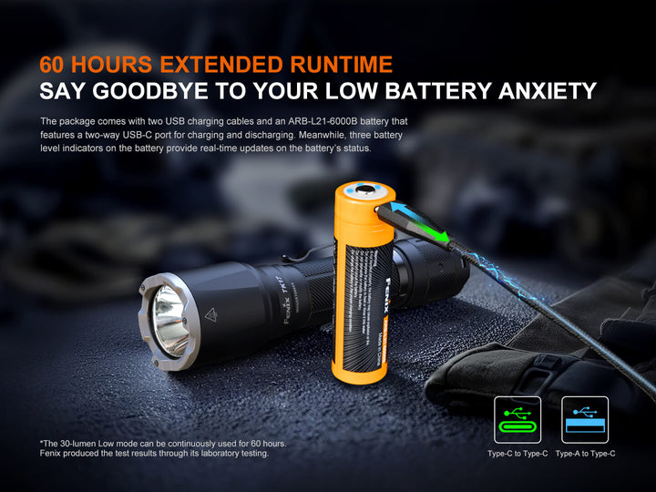 Fenix TK17 Tactical Flashlight with battery plugged in to charge