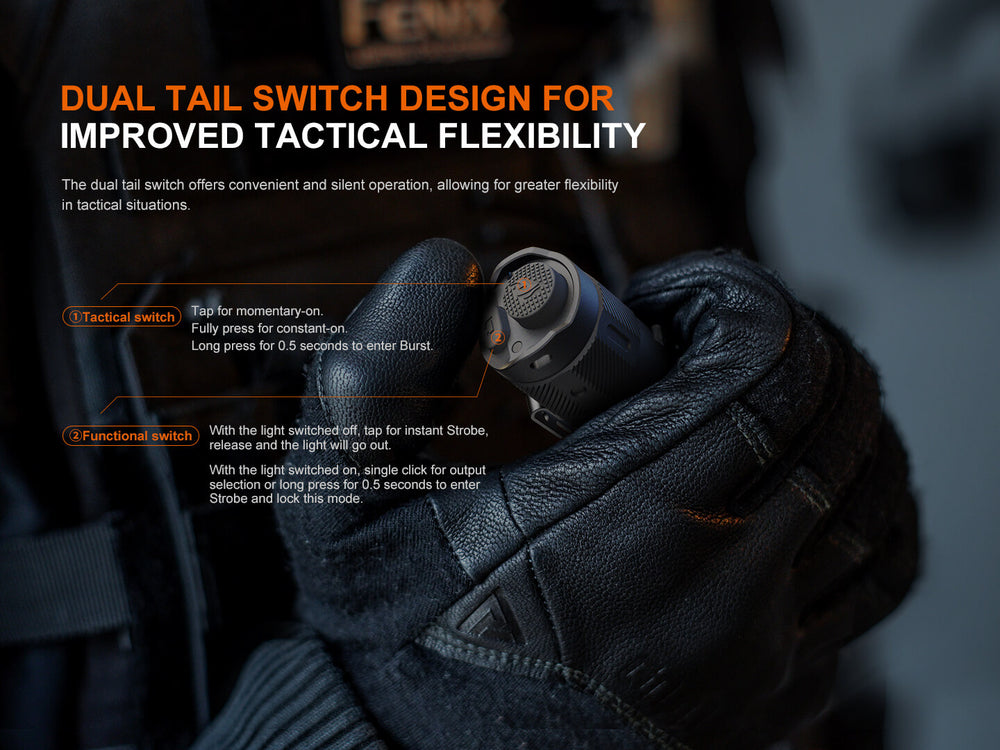 Fenix TK17 Tactical Flashlight held in a gloved hand with graphics detailing the features of its dual tail switch