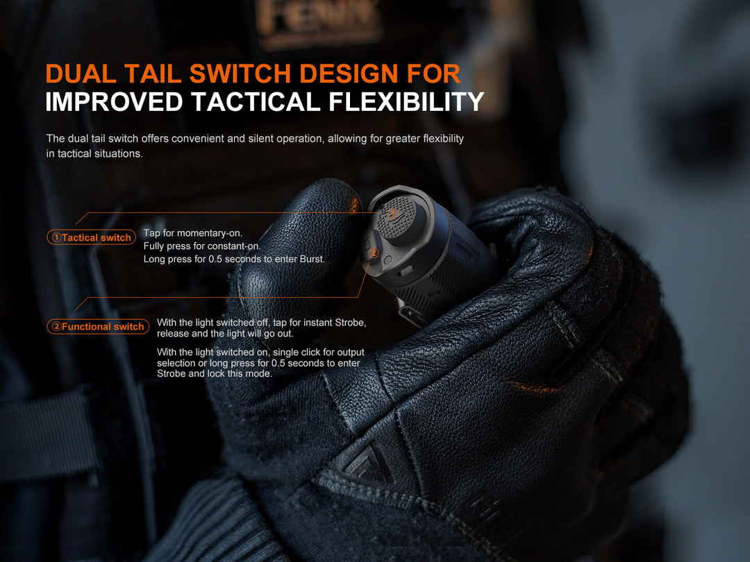 Fenix TK17 Tactical Flashlight held in a gloved hand with graphics detailing the features of its dual tail switch