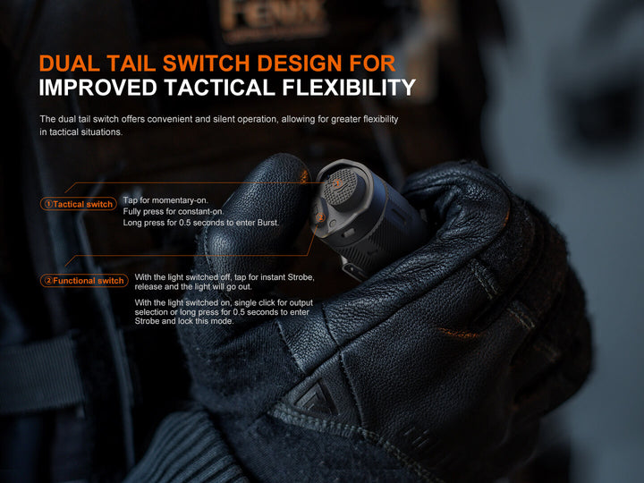 Fenix TK17 Tactical Flashlight held in a gloved hand with graphics detailing the features of its dual tail switch