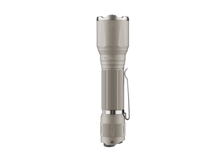 Fenix TK17 Tactical Flashlight in khaki color as viewed from the top