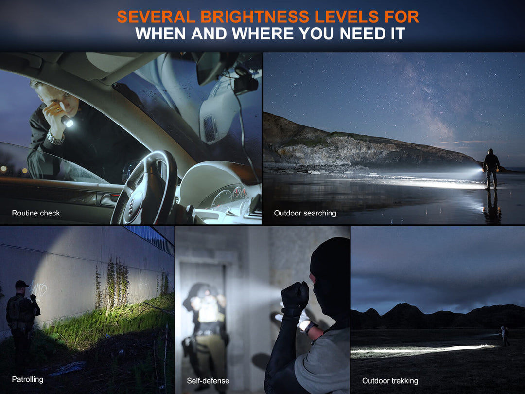 A series of photos showing the many uses of the Fenix TK17 Tactical Flashlight 