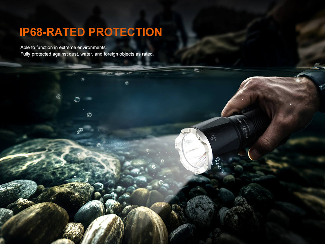 Fenix TK17 Tactical Flashlight held underwater