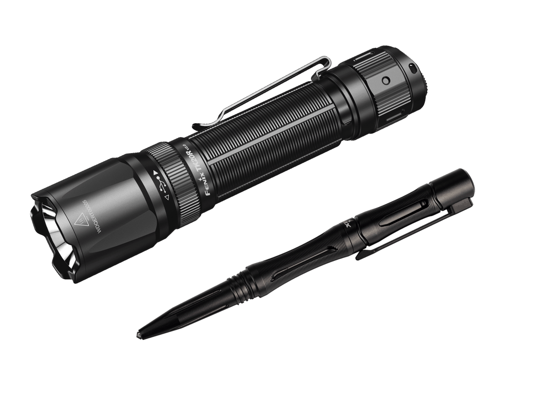 Black Fenix TK20R V2 flashlight and T5 Tactical Pen on a black background