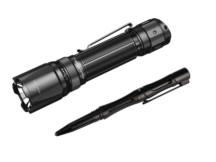 Black Fenix TK20R V2 flashlight and T5 Tactical Pen on a black background