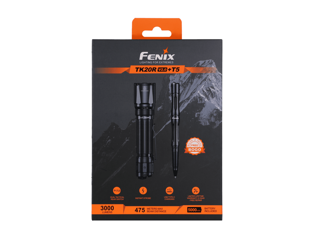 Fenix TK20R flashlight packaging with mountain design on a black background