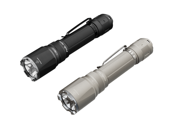 Fenix TK21R Tactical Flashlight in black and khaki on white background