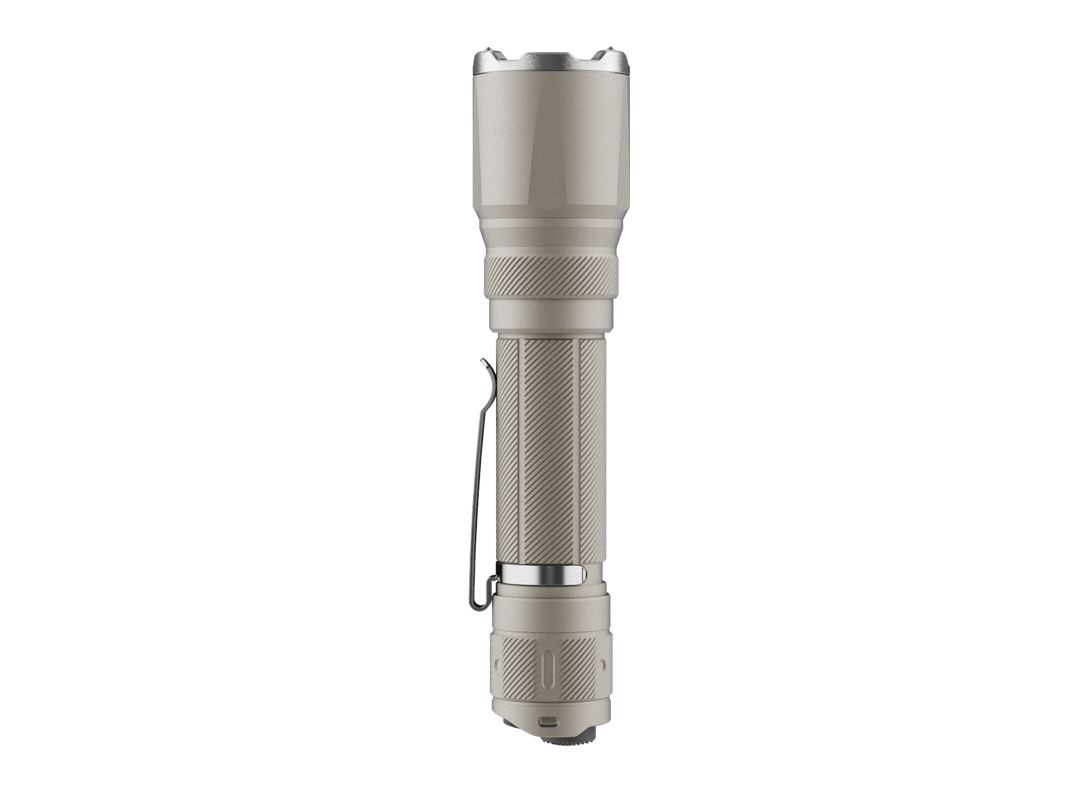 Fenix TK21R Tactical Flashlight in khaki as viewed from the bottom