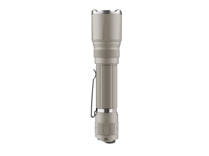 Fenix TK21R Tactical Flashlight in khaki as viewed from the bottom