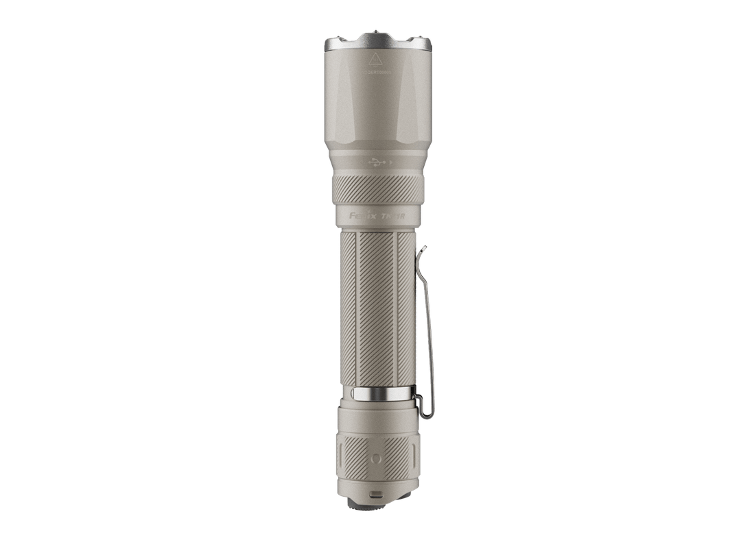 Fenix TK21R Tactical Flashlight in khaki as viewed from the top