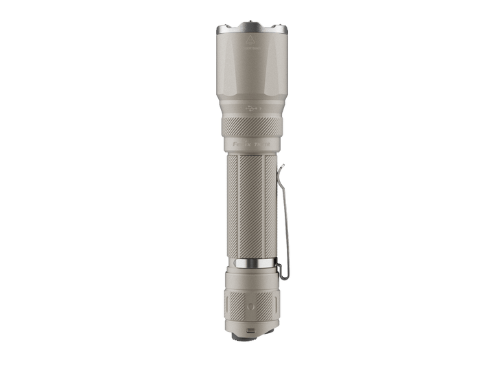 Fenix TK21R Tactical Flashlight in khaki as viewed from the top
