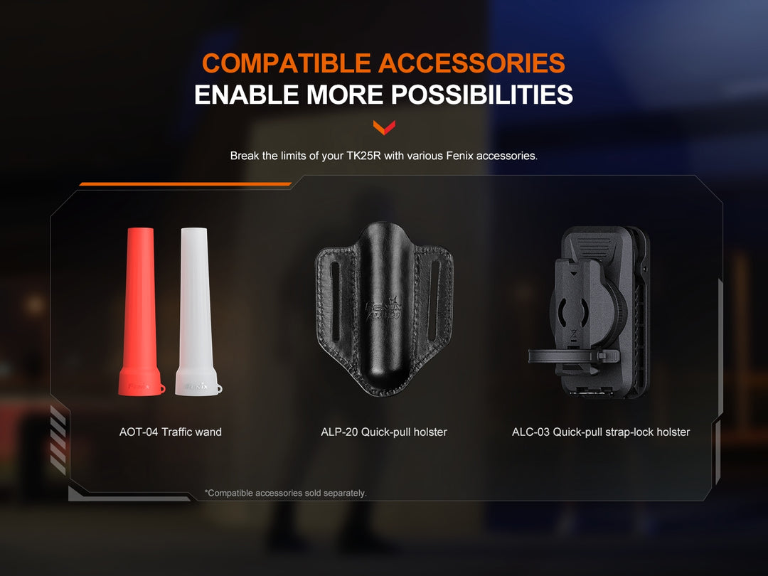 Compatible accessories for a Fenix TK25R Tactical Flashlight with text 'Compatible Accessories Enable More Possibilities'.