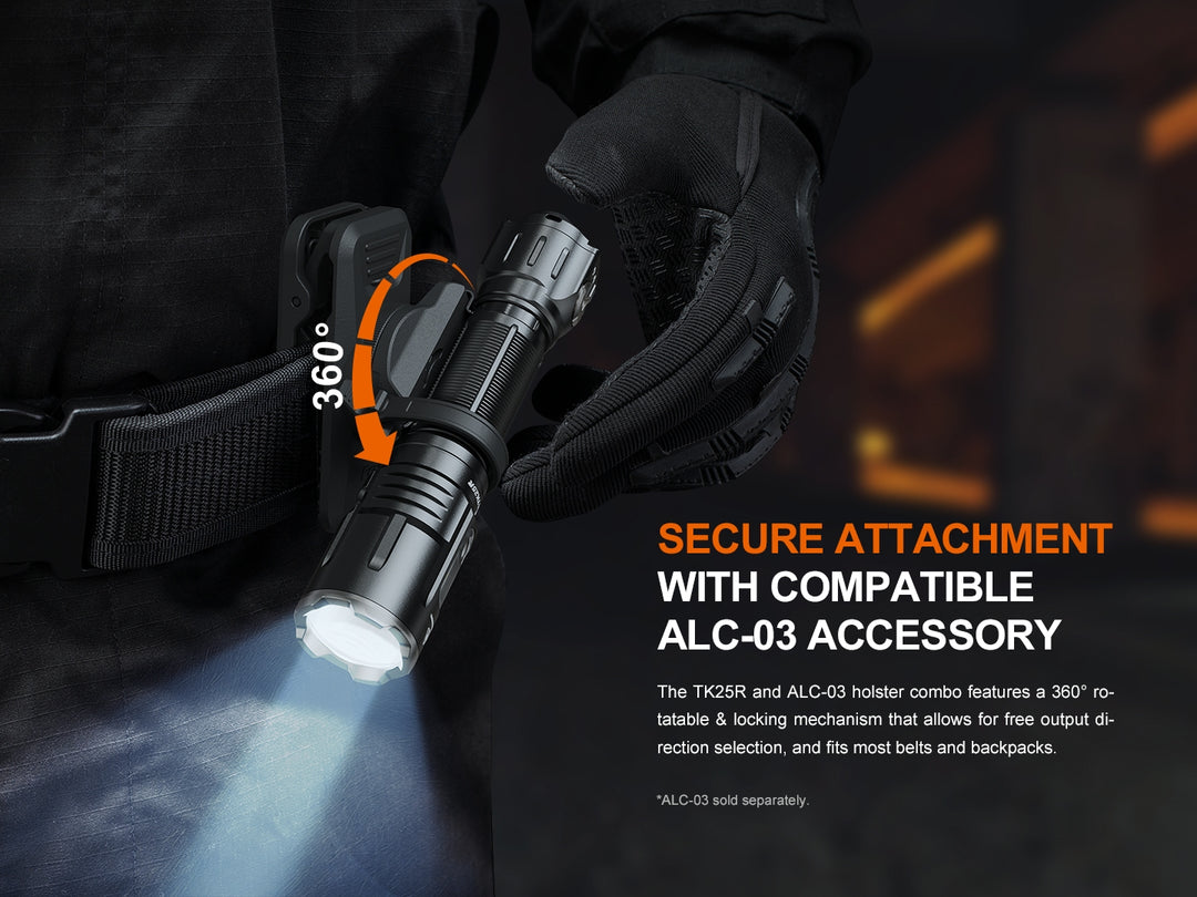 Fenix TK25R Tactical Flashlight with a compatible ALC-03 accessory on a dark background