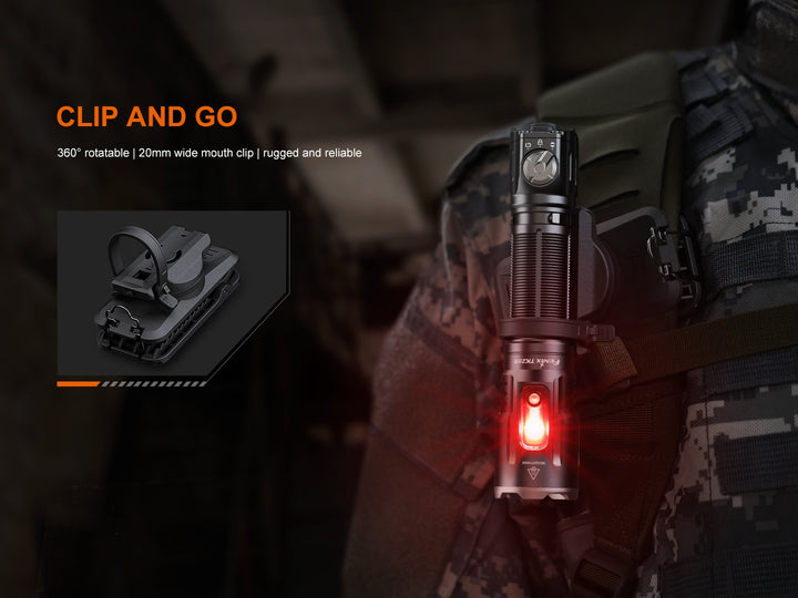 Fenix TK25R Tactical Flashlight with red light on a camouflage background, featuring text 'Clip and Go' and product details.