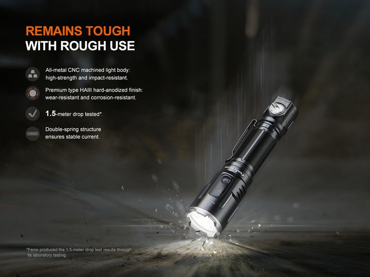 Black Fenix TK25R Tactical Flashlight with water splash effect on a dark background, highlighting durability.