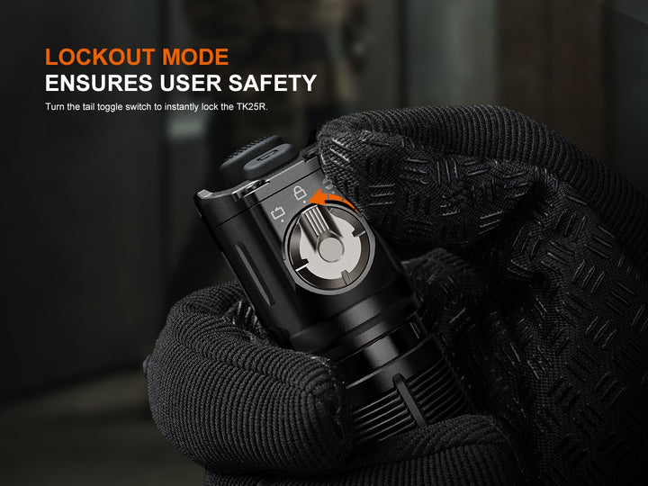 Black Fenix TK25R Tactical Flashlight held in a gloved hand with text about lockout mode ensuring user safety.