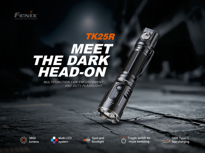 Fenix TK25R flashlight on a dark background with product features highlighted