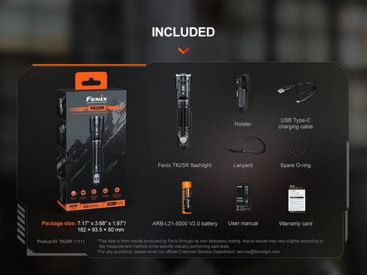Fenix TK26R flashlight packaging with included items listed on a dark background