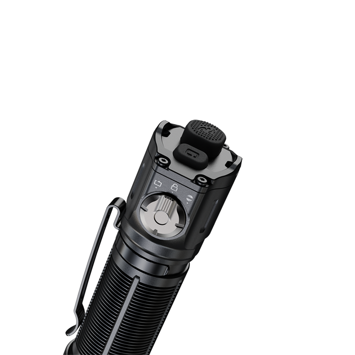 Black Fenix TK25R Tactical Flashlight with control buttons on a white background