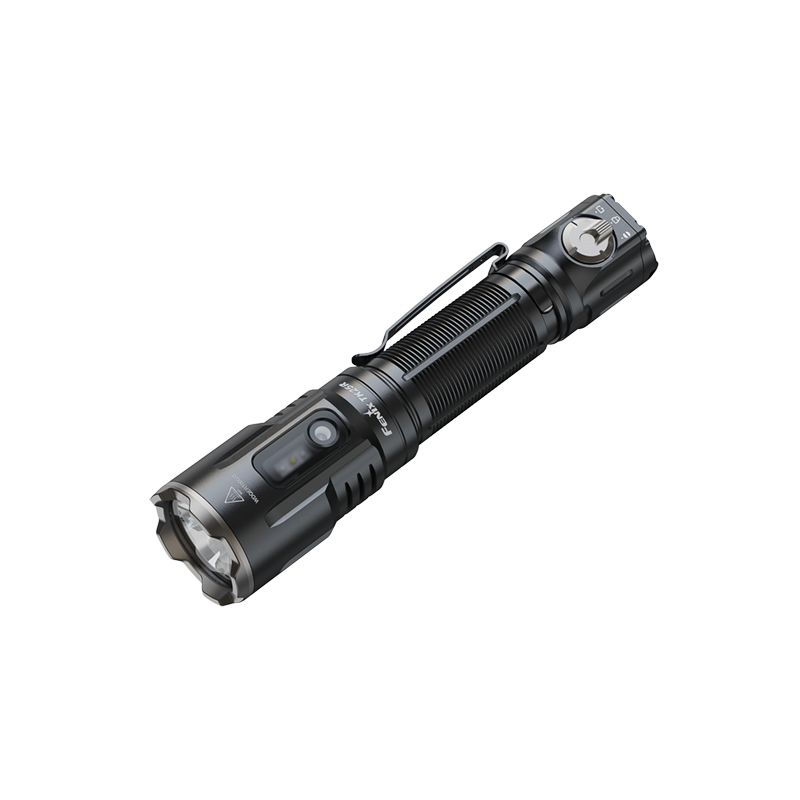Black Fenix TK25R Tactical Flashlight on a white background