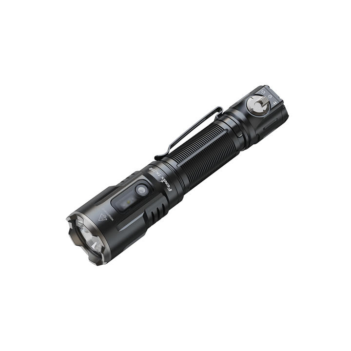 Black Fenix TK25R Tactical Flashlight on a white background