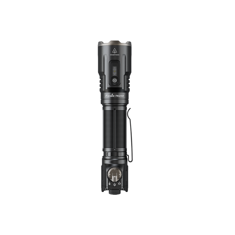 Black Fenix TK25R Tactical Flashlight with visible brand name on a white background