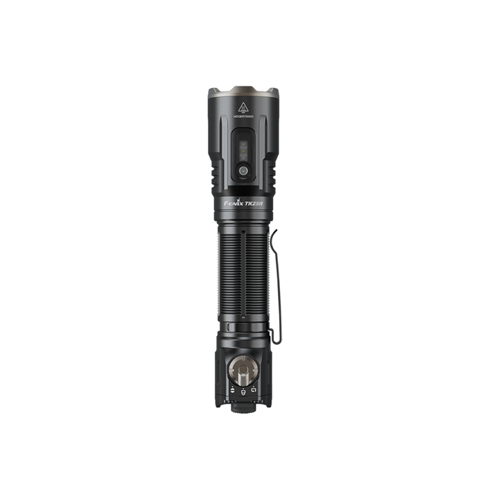 Black Fenix TK25R Tactical Flashlight with visible brand name on a white background