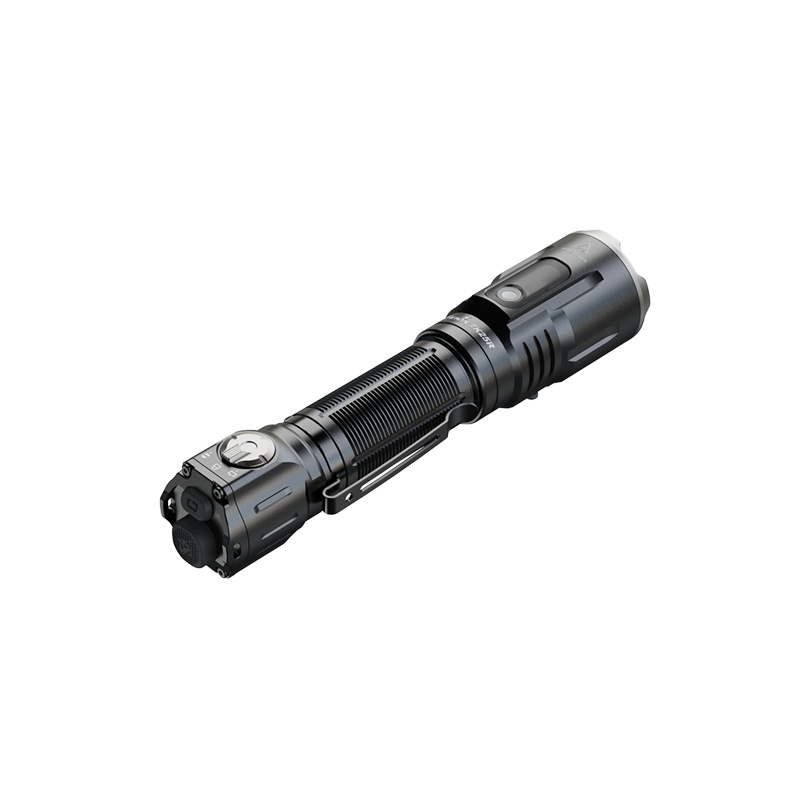Black Fenix TK25R Tactical Flashlight on a white background