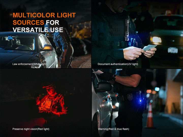 A GIF showing different use cases of the Fenix TK25R Tactical Flashlight 