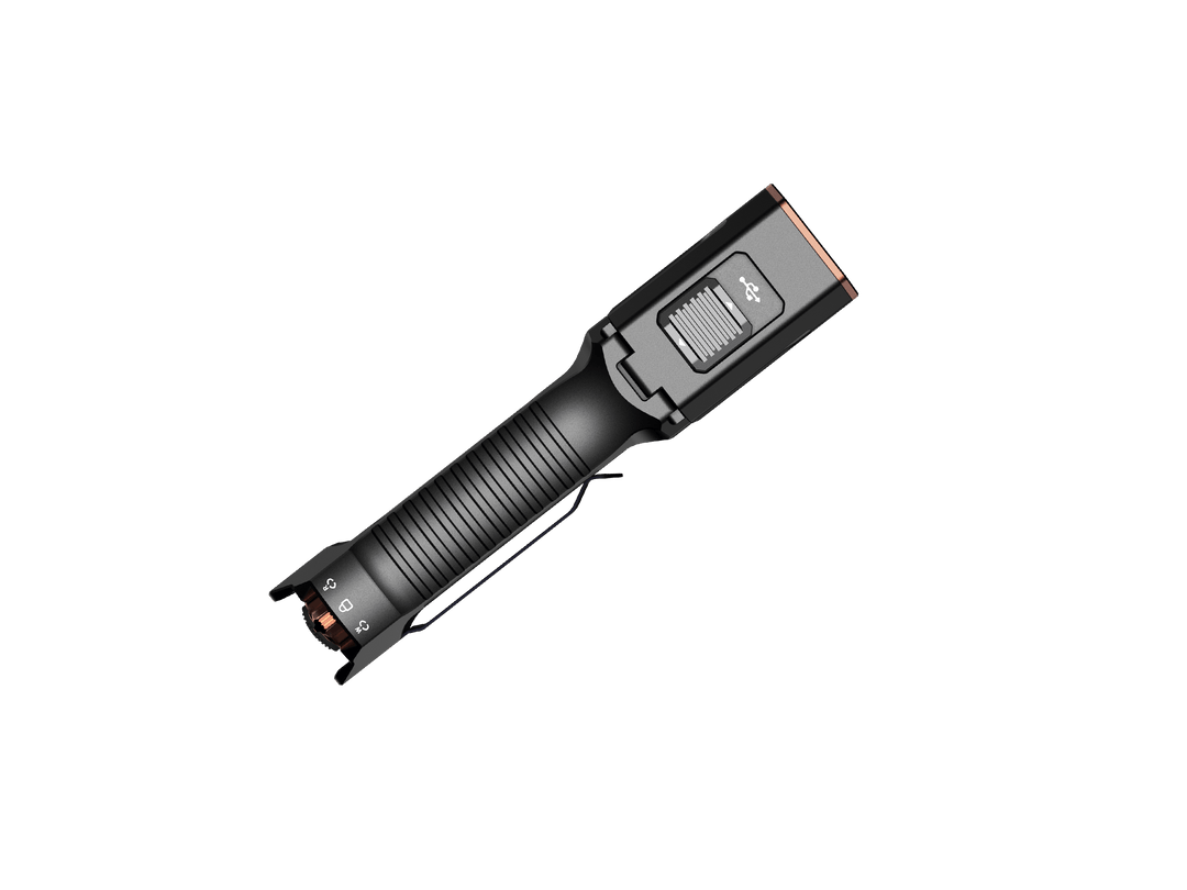 Black tactical Fenix TK28R Flashlight  on a black background