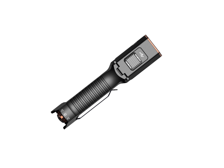 Black tactical Fenix TK28R Flashlight  on a black background