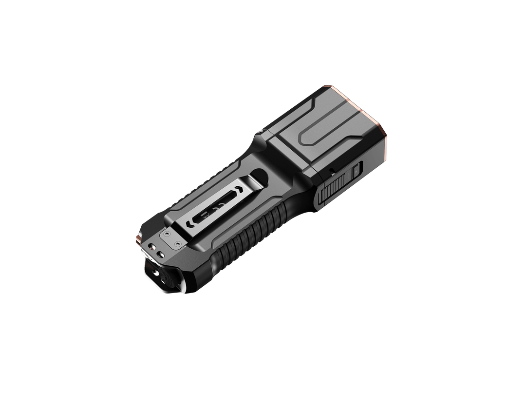 Black and gray Fenix TK28R Flashlight on a black background