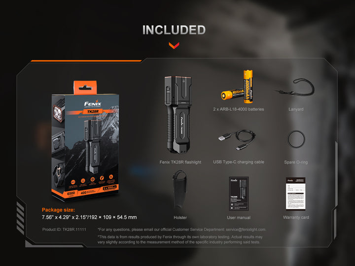 Product packaging with Fenix TK28R Flashlight and accessories on a dark background