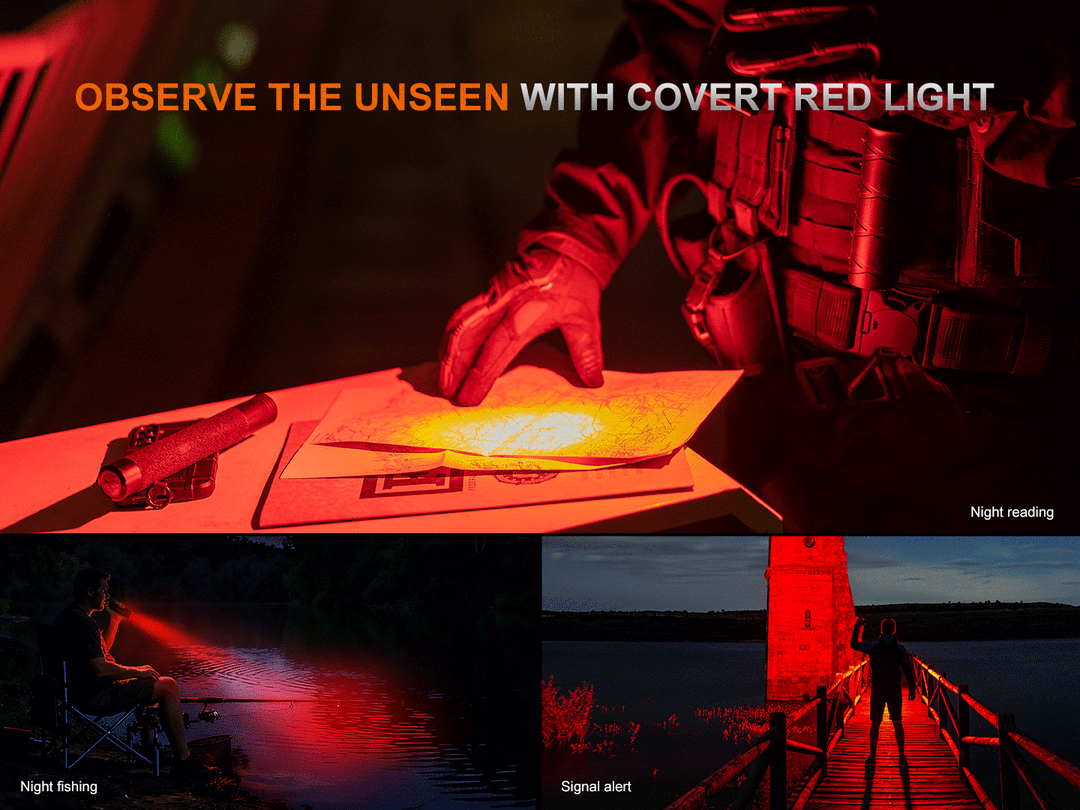 A series of images showing the red light outputs of the Fenix TK28R Flashlight 