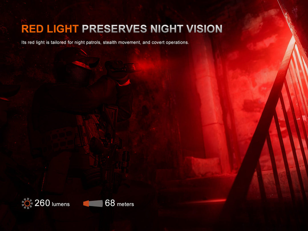 Red light preserves night vision with text and technical details in a dark setting.