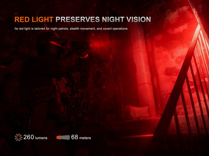 Red light preserves night vision with text and technical details in a dark setting.