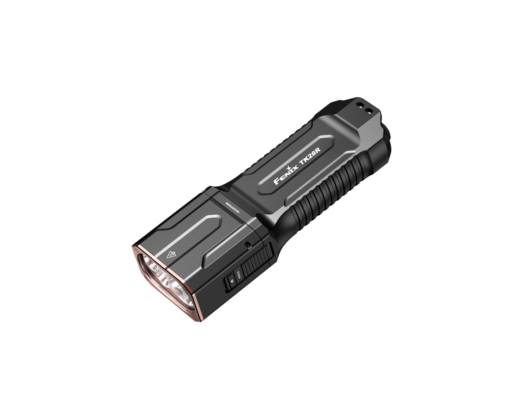 Black Fenix TK28R Flashlight with visible brand logo on a white background