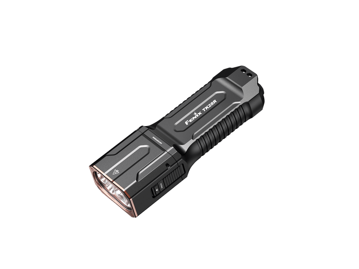 Black Fenix TK28R Flashlight with visible brand logo on a white background