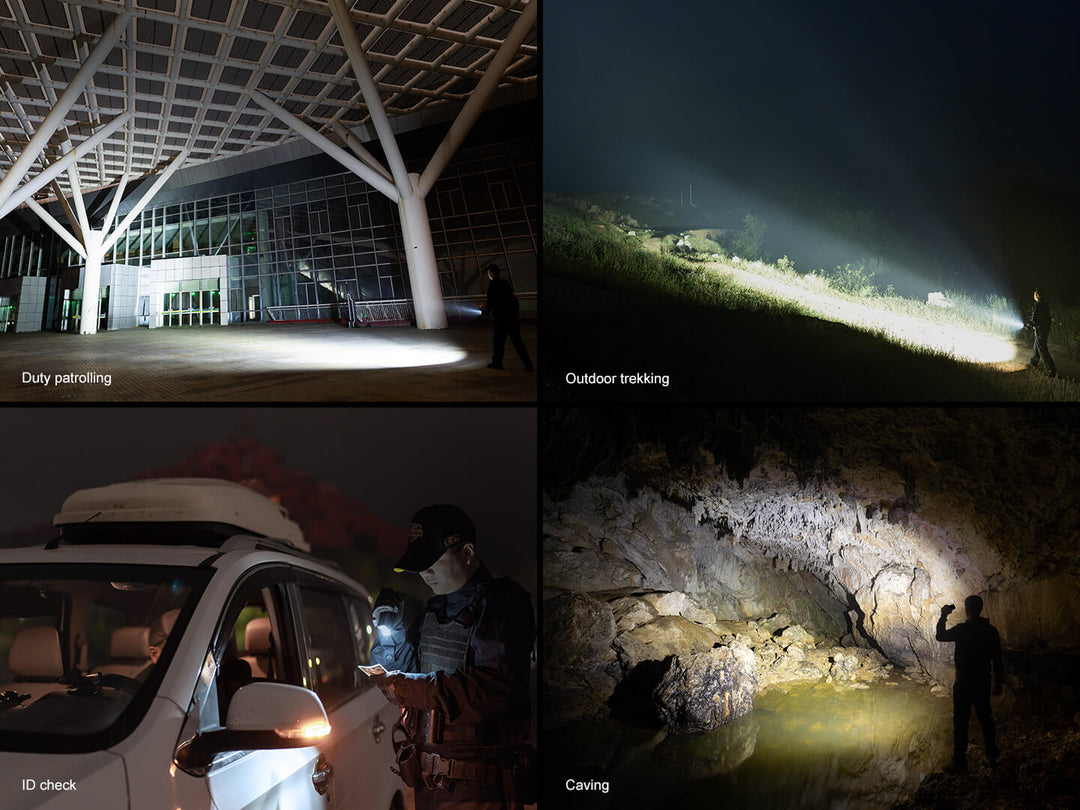 Collage of images showing a Fenix TK28R Flashlight in various settings including a building, outdoors, inside a vehicle, and exploring a cave.