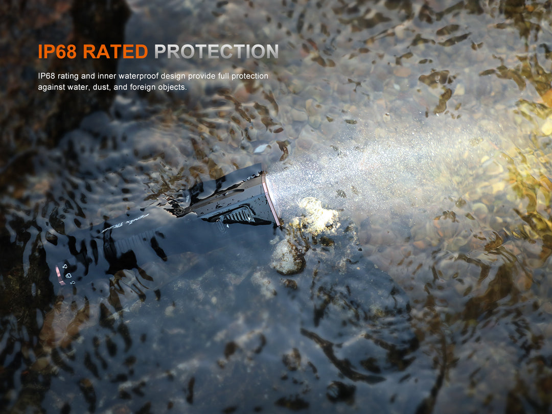 Waterproof Fenix TK28R Flashlight in water with IP68 rating text overlay