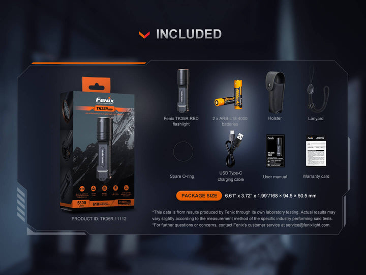Fenix TK35R Red Version flashlight product packaging with included items displayed on a dark background